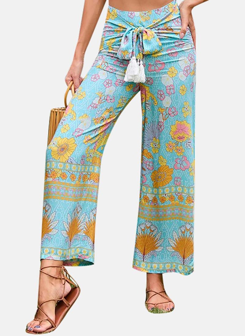 YUNIQEE Blue Straight Floral Printed Cotton Palazzos  - Image 3