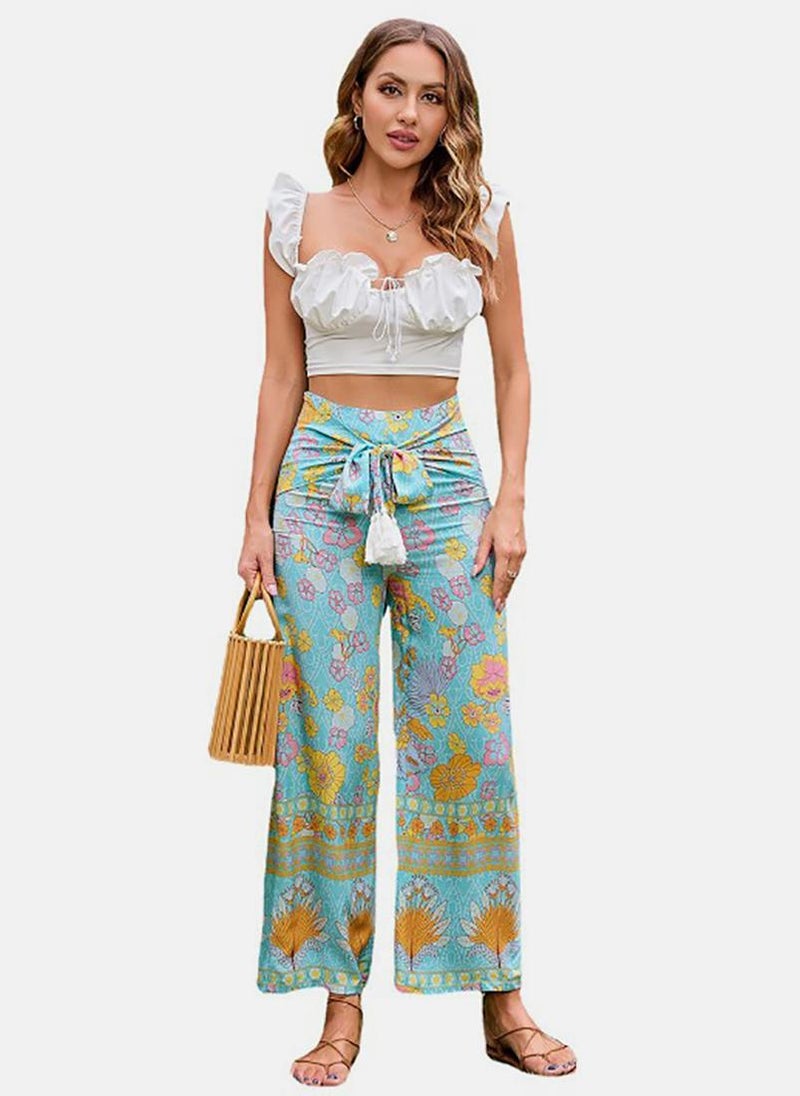 YUNIQEE Blue Straight Floral Printed Cotton Palazzos  - Image 4