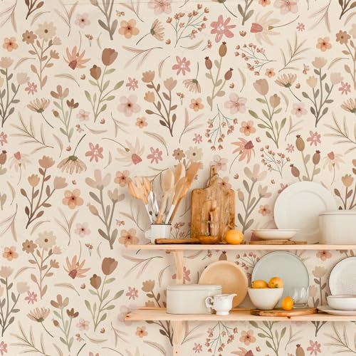Kazova Boho Floral Wallpaper Wildflower Wallpaper Vintage Small Flower Wall Mural Stickers Peel and Stick Waterproof Contact Paper Removable Retro Watercolor Floral Wall Paper Decals for Nursery Bedroom - Image 1