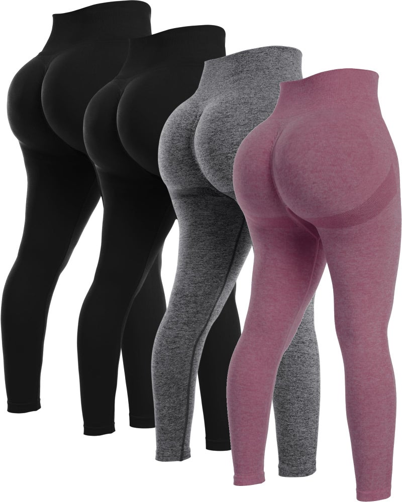 NORMOV 4 Piece Butt Lifting Workout Leggings for Women, Seamless Gym Scrunch Booty Lifting Sets(2Black/Grey/Burgundy, M) - Image 1