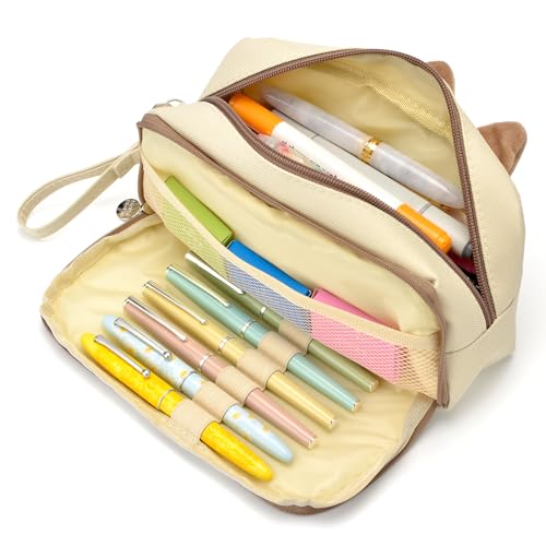 Lanxivi Hongdian Large Capacity Pencil Case Tan Color, 3D Cat Pen Bags Pencil Pouch Organizer for Office College School Stationery - Image 2