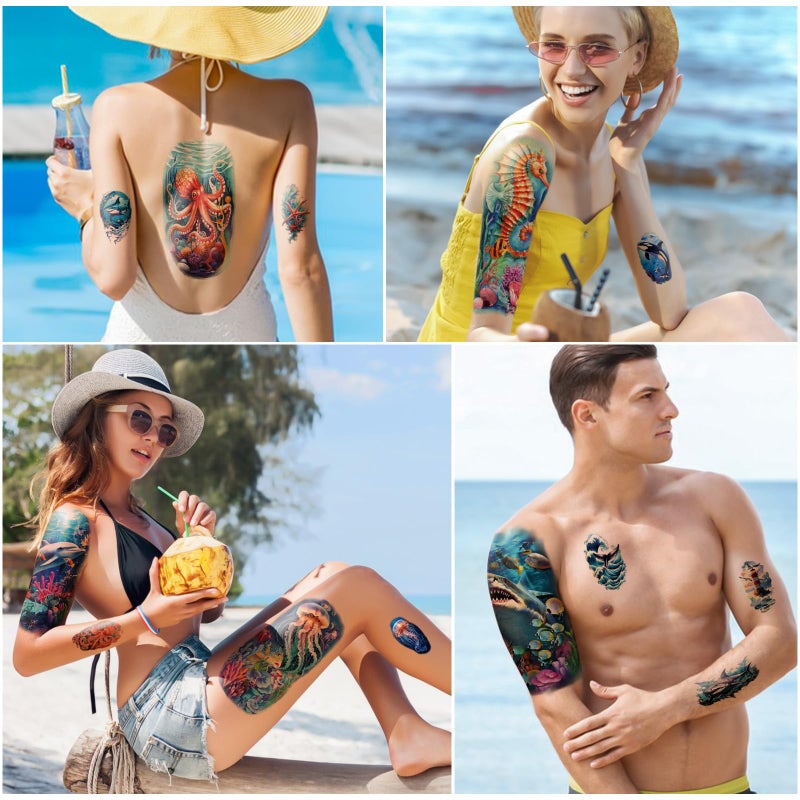 atydkug 77 Sheets Temporary Tattoo for Women and Men, 17 Sheets Half Arm Shark Dolphin Jellyfish Turtle Fish Fake Tattoos, 60 Sheets Beach Ocean Tiny for Adults Kids Body Tattoos Stickers Waterproof Realistic - Image 4