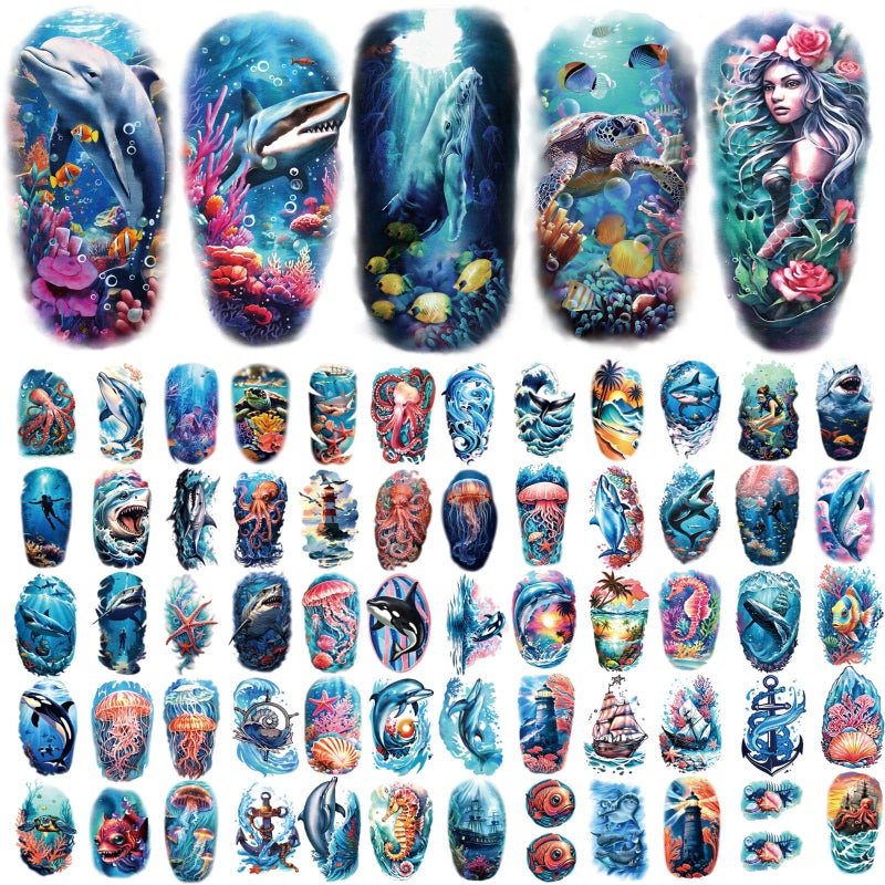 atydkug 77 Sheets Temporary Tattoo for Women and Men, 17 Sheets Half Arm Shark Dolphin Jellyfish Turtle Fish Fake Tattoos, 60 Sheets Beach Ocean Tiny for Adults Kids Body Tattoos Stickers Waterproof Realistic - Image 2