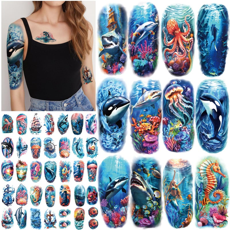 atydkug 77 Sheets Temporary Tattoo for Women and Men, 17 Sheets Half Arm Shark Dolphin Jellyfish Turtle Fish Fake Tattoos, 60 Sheets Beach Ocean Tiny for Adults Kids Body Tattoos Stickers Waterproof Realistic - Image 1