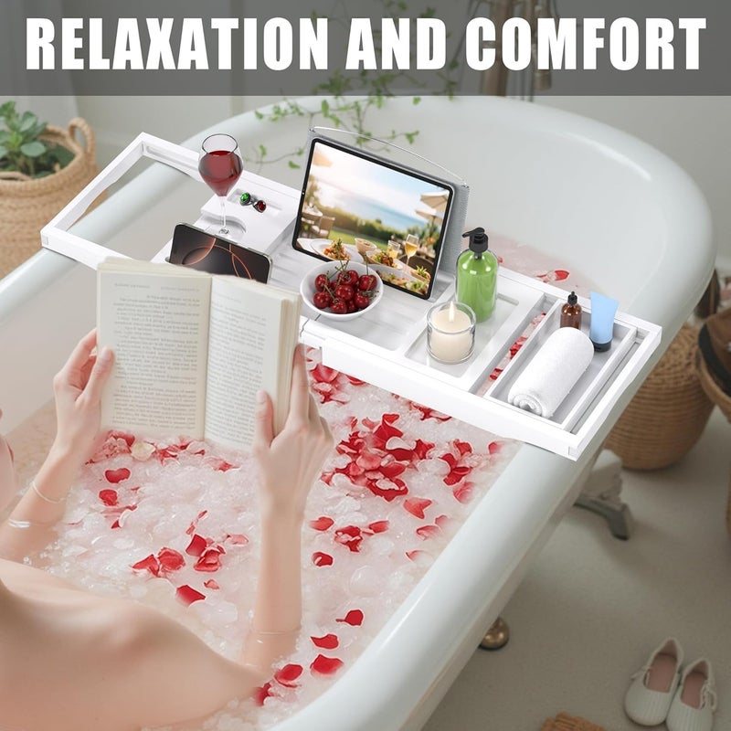 promitop Foldable Bathtub Caddy Tray for Tub,Bamboo Expandable Bath Table Trays,Premium Bathroom Accessories for New Home & Mothers Day & Birthday Gifts for Couples,White - Image 4