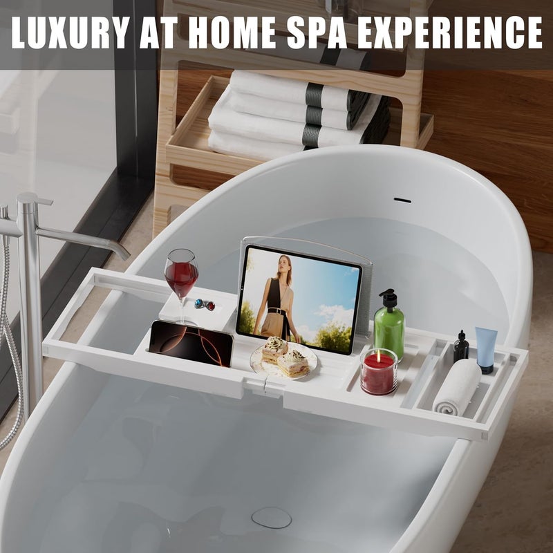 promitop Foldable Bathtub Caddy Tray for Tub,Bamboo Expandable Bath Table Trays,Premium Bathroom Accessories for New Home & Mothers Day & Birthday Gifts for Couples,White - Image 2
