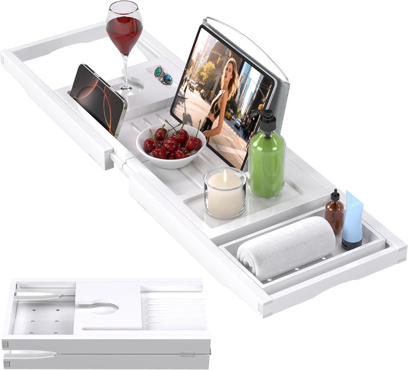 promitop Foldable Bathtub Caddy Tray for Tub,Bamboo Expandable Bath Table Trays,Premium Bathroom Accessories for New Home & Mothers Day & Birthday Gifts for Couples,White - Image 1