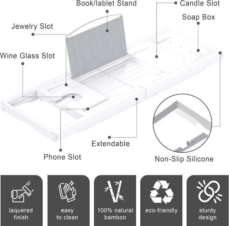 promitop Foldable Bathtub Caddy Tray for Tub,Bamboo Expandable Bath Table Trays,Premium Bathroom Accessories for New Home & Mothers Day & Birthday Gifts for Couples,White - Image 5
