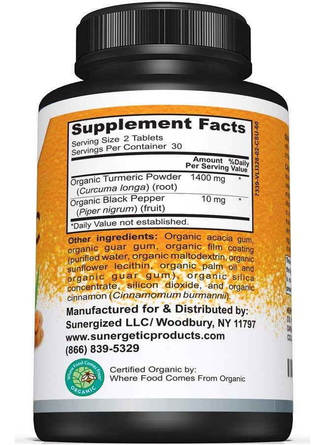 Sunergetic - Usda Certified Organic Turmeric Supplement Includes Organic Turmeric & Organic Black Pepper 1400Mg Of Turmeric Per Serving 60 Count (Pack Of 1) - Image 1