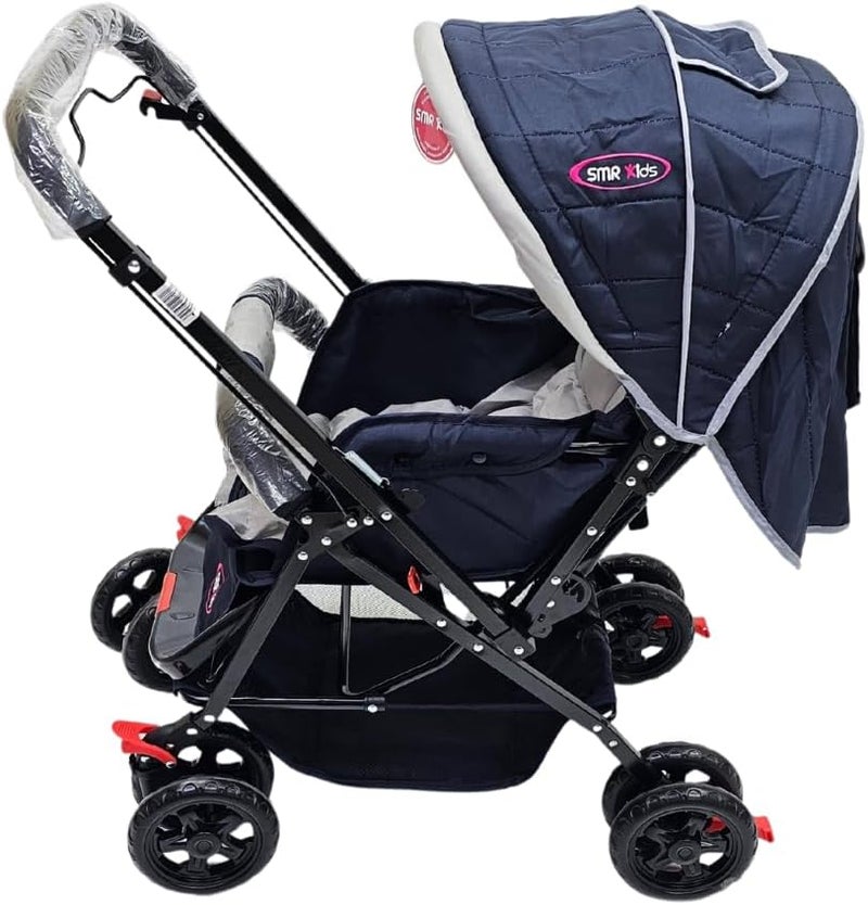SMR Kids Foldable Stroller - Front/Rear Swivel Handle, Wide Canopy, Storage Basket - Image 4