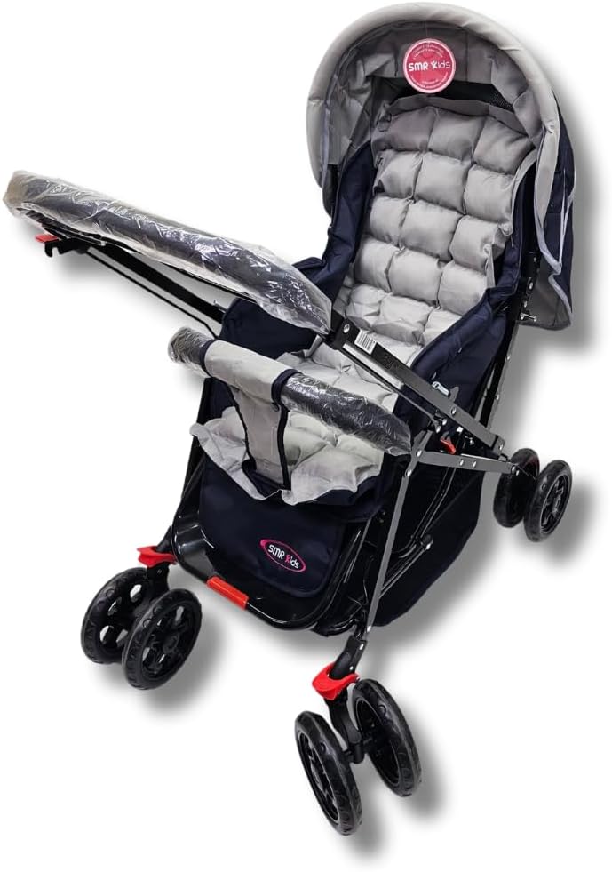 SMR Kids Foldable Stroller - Front/Rear Swivel Handle, Wide Canopy, Storage Basket - Image 3