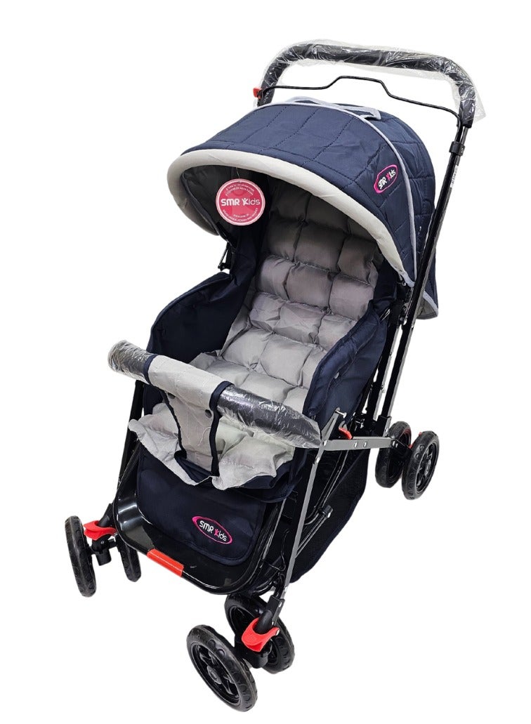SMR Kids Foldable Stroller - Front/Rear Swivel Handle, Wide Canopy, Storage Basket - Image 2