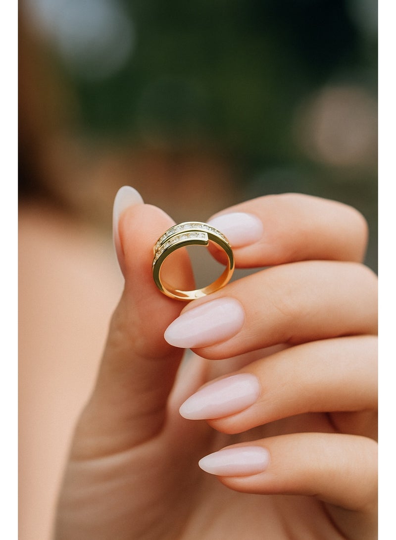 3Diamonds 18K Gold-Plated Double Band Ring – Square Zircon Stones, Adjustable Size - Image 3