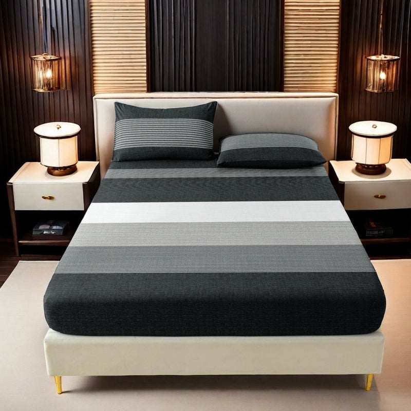 3pcs Black White Gray Large Striped Geometric Minimalist Style Bed Sheet And Pillowcase Set, Bedding Three-Piece Set, Mattress Protector | 2 Pillowcases + 1 Fitted Sheet | Double/Full/King/Queen | Soft, 24H Non-Shifting - Image 3