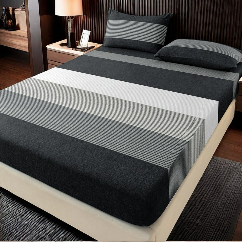 3pcs Black White Gray Large Striped Geometric Minimalist Style Bed Sheet And Pillowcase Set, Bedding Three-Piece Set, Mattress Protector | 2 Pillowcases + 1 Fitted Sheet | Double/Full/King/Queen | Soft, 24H Non-Shifting - Image 2