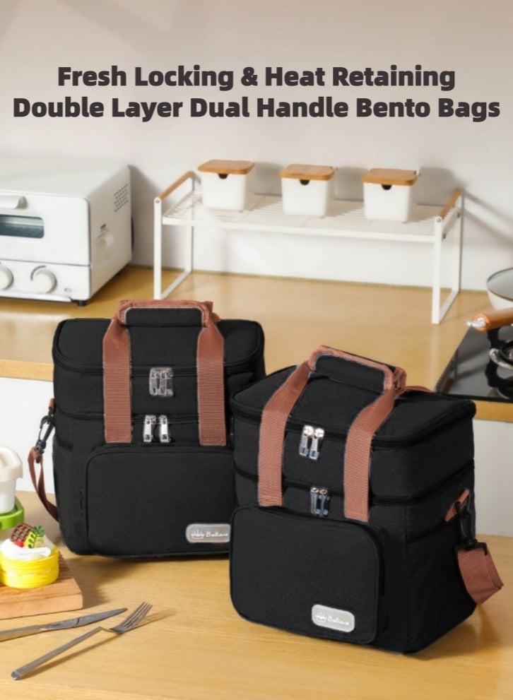 لولكس حقيبة غداء Lullaxx قابلة لإعادة الاستخدام، حقيبة غداء معزولة، حقيبة طعام، حقيبة تبريد كبيرة للبالغين والرجال والنساء، حقائب تبريد مزدوجة الطابق للمكتب/النزهات/الصيد/المدرسة، لون أسود - Image 2