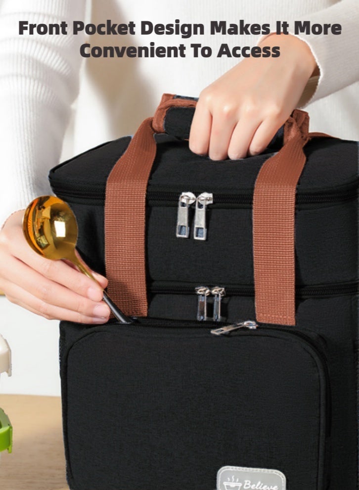 لولكس حقيبة غداء Lullaxx قابلة لإعادة الاستخدام، حقيبة غداء معزولة، حقيبة طعام، حقيبة تبريد كبيرة للبالغين والرجال والنساء، حقائب تبريد مزدوجة الطابق للمكتب/النزهات/الصيد/المدرسة، لون أسود - Image 5