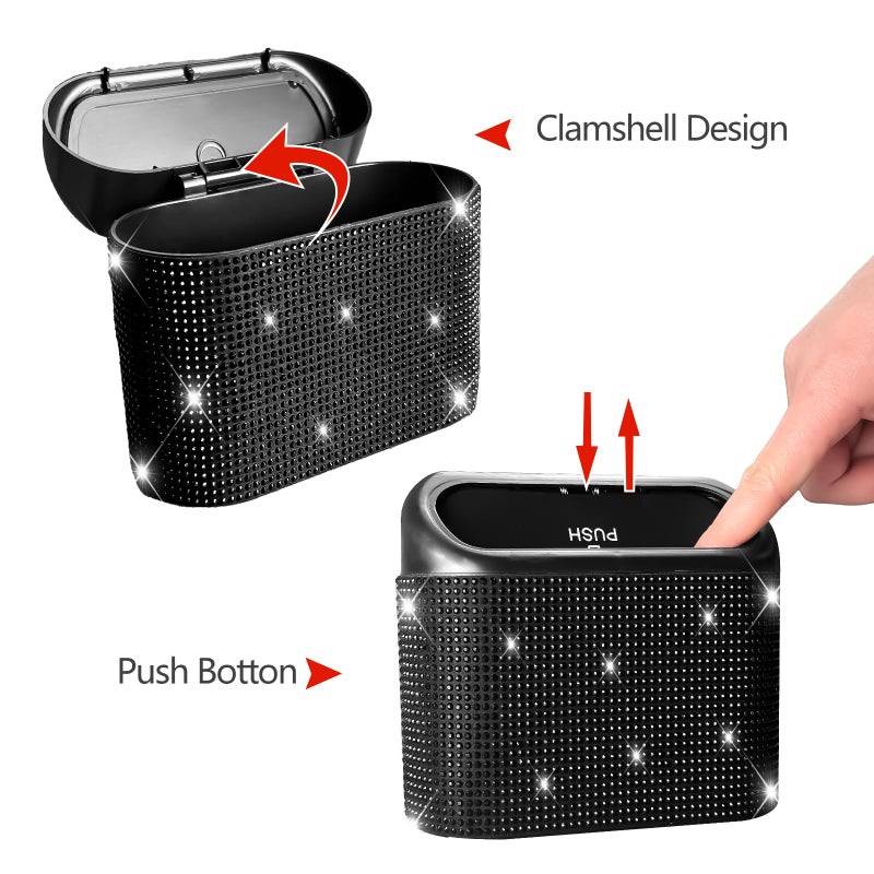 NBTEPEM Bling Car Trash Can with Lid - 2 Pack, Mini Auto Garbage Can with 60 Trash Bags, Automotive Garbage Container Bin, Bling Car Accessories Trash Can for Women (Black Diamond) - Image 4