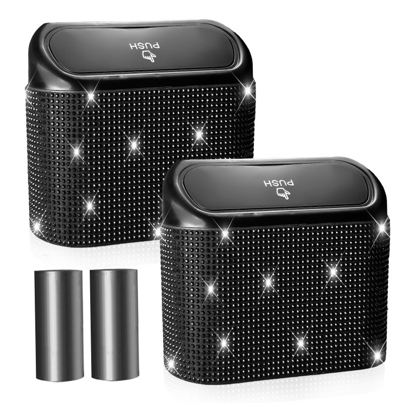 NBTEPEM Bling Car Trash Can with Lid - 2 Pack, Mini Auto Garbage Can with 60 Trash Bags, Automotive Garbage Container Bin, Bling Car Accessories Trash Can for Women (Black Diamond) - Image 1