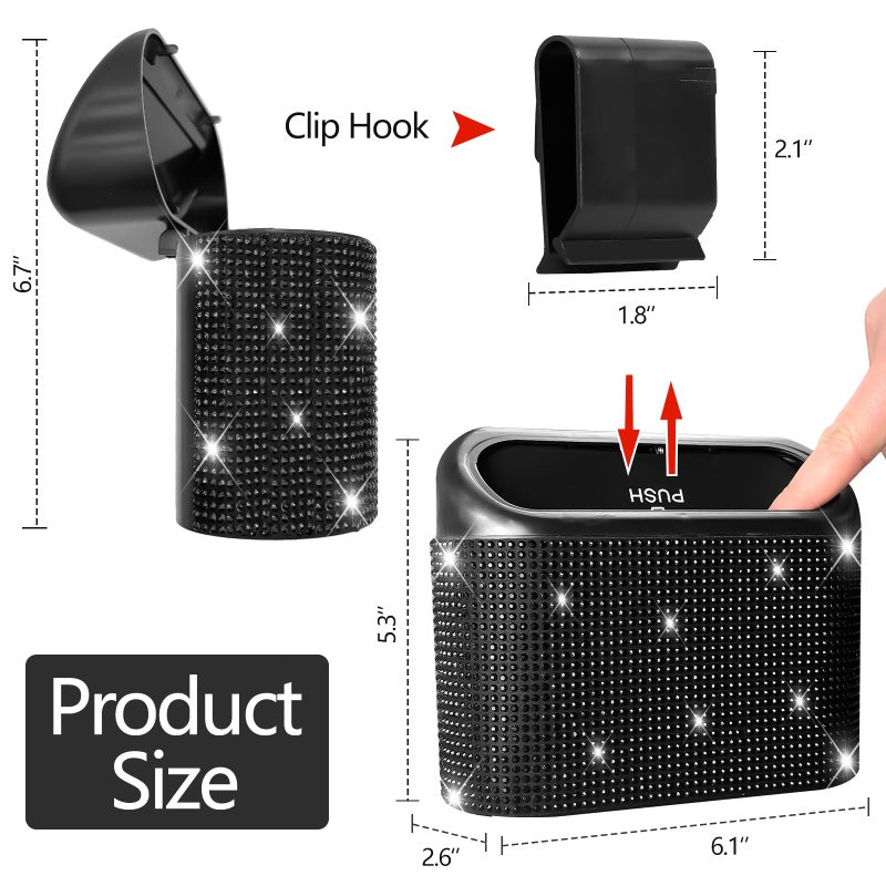 NBTEPEM Bling Car Trash Can with Lid - 2 Pack, Mini Auto Garbage Can with 60 Trash Bags, Automotive Garbage Container Bin, Bling Car Accessories Trash Can for Women (Black Diamond) - Image 2
