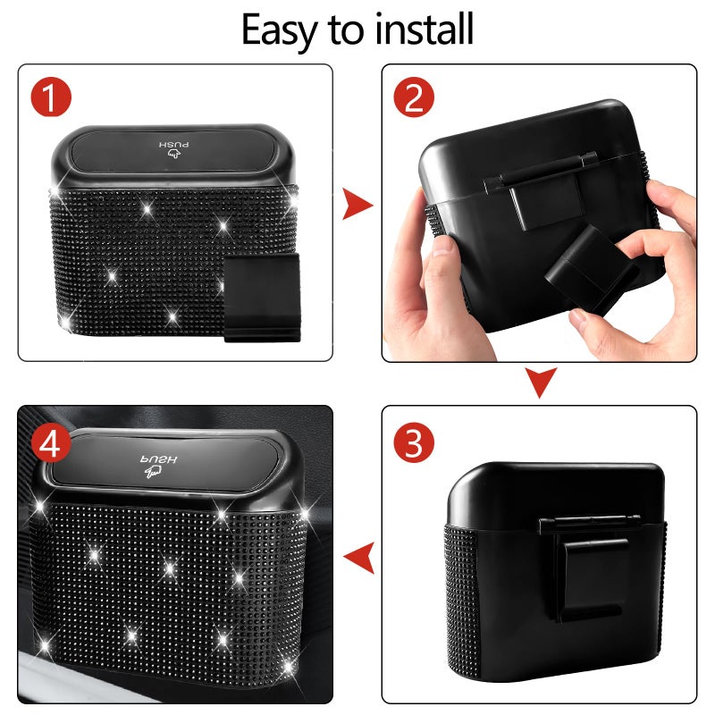 NBTEPEM Bling Car Trash Can with Lid - 2 Pack, Mini Auto Garbage Can with 60 Trash Bags, Automotive Garbage Container Bin, Bling Car Accessories Trash Can for Women (Black Diamond) - Image 5