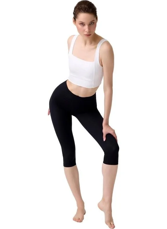 كوتن هيل Black High Waist Below Knee Women's Capri Tights