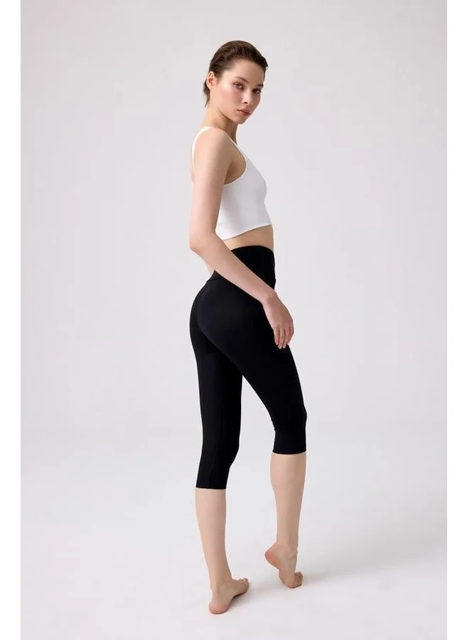 كوتن هيل Black High Waist Below Knee Women's Capri Tights