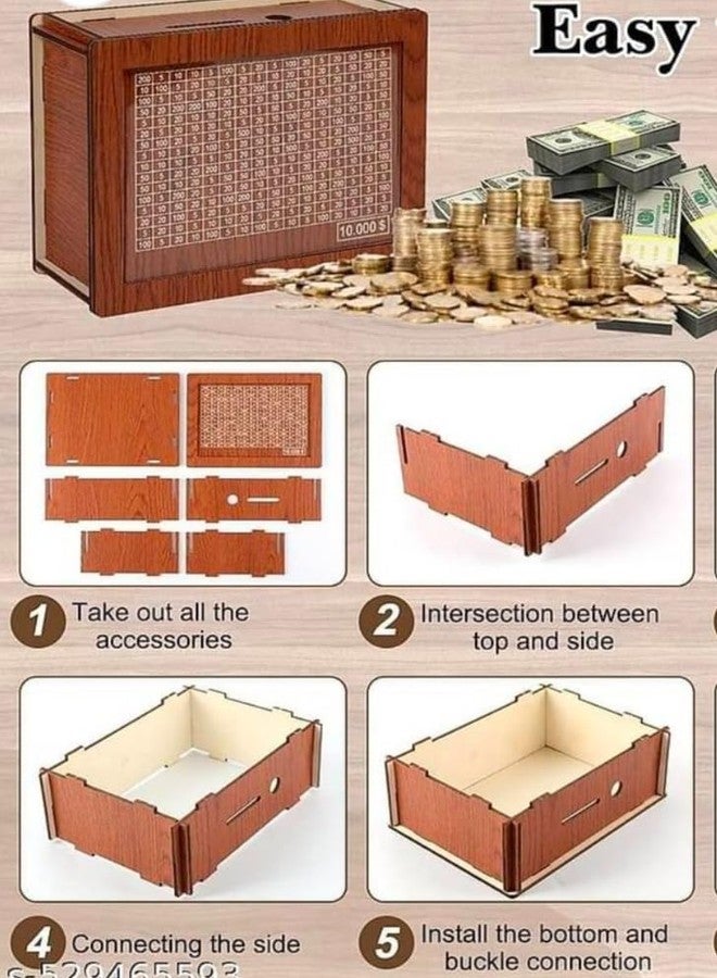 DEILYVERY Money Saving Box for Kids and Adults Big Size Piggy Bank 2 Lakh Target Wooden Money Bank with Lock (Brown) - Image 2