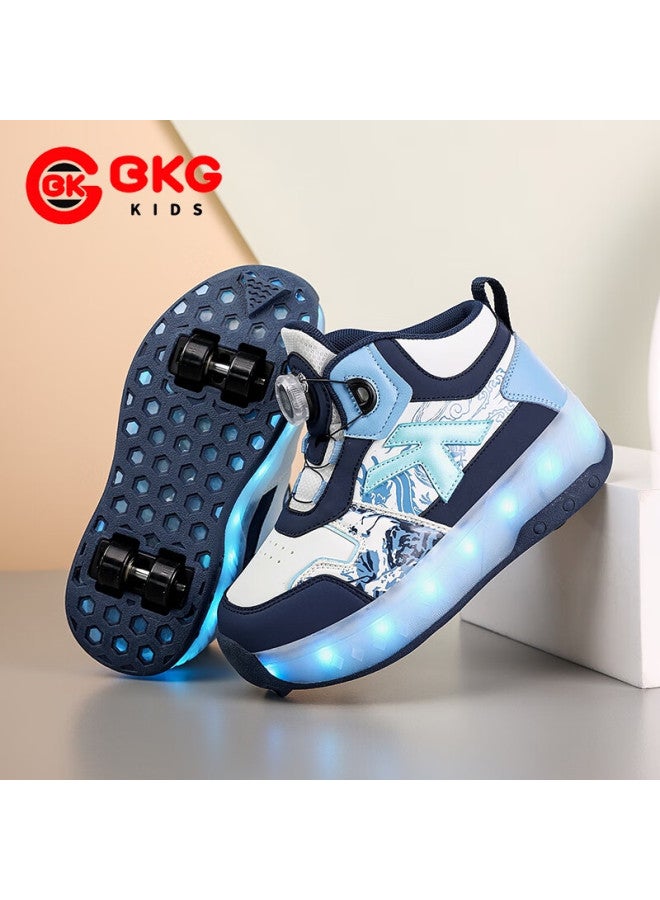 Bkg Kids Roller Skates Youth Inline Skating Shoes Zyq25800-b23 Blue And White Porcelain Moon (leather) Size 33 - Image 2