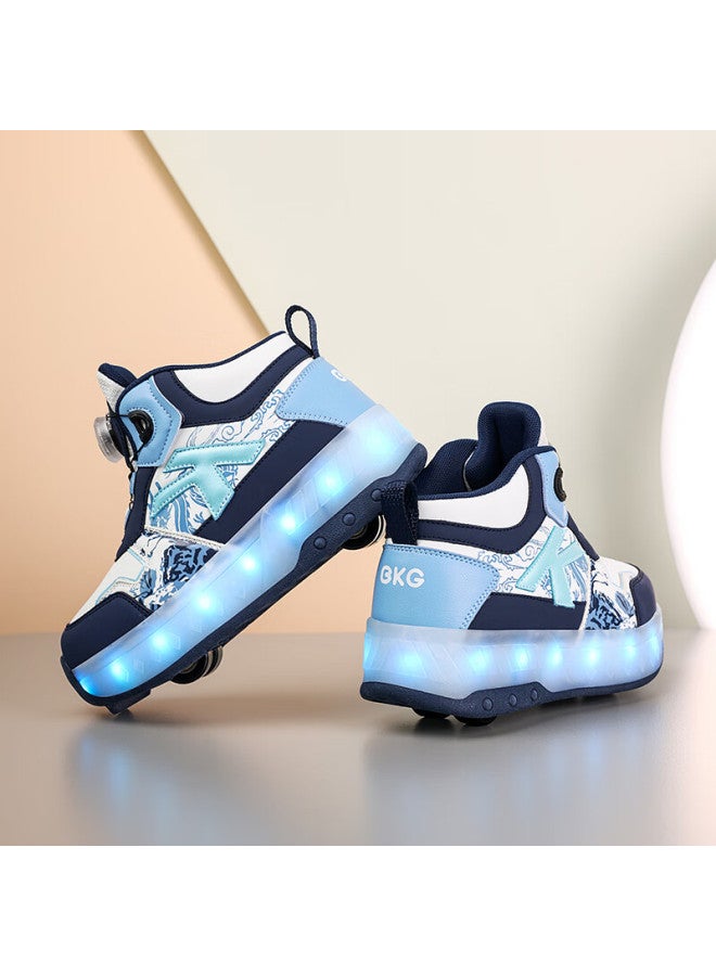 Bkg Kids Roller Skates Youth Inline Skating Shoes Zyq25800-b23 Blue And White Porcelain Moon (leather) Size 33 - Image 3