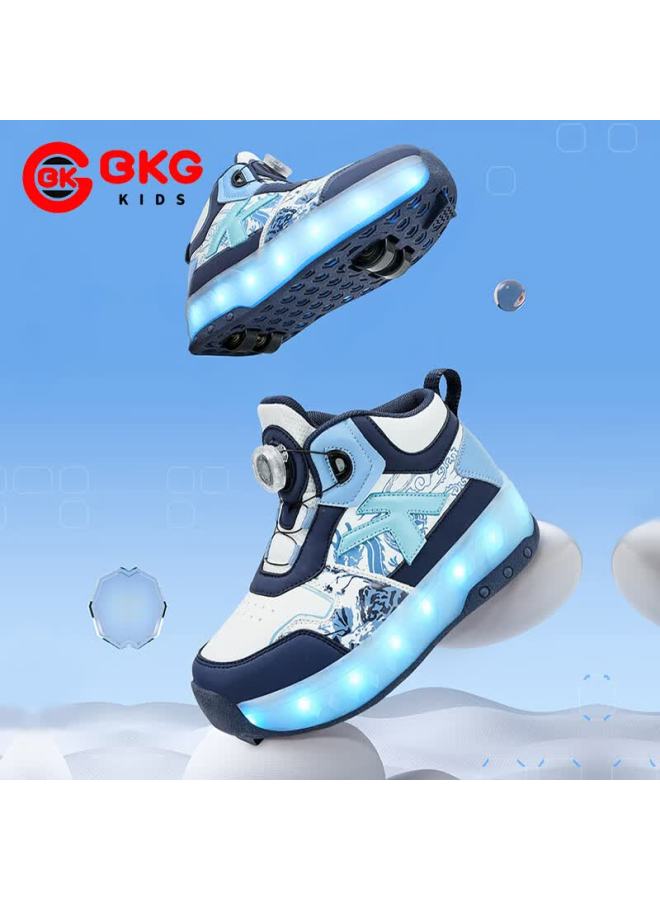 Bkg Kids Roller Skates Youth Inline Skating Shoes Zyq25800-b23 Blue And White Porcelain Moon (leather) Size 33 - Image 1