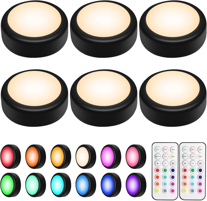 BLS LED Puck Lights with Remote Control, 13 Color Changing Under Cabinet Lighting Wireless, Push Battery Operated Night Light, Tap Battery Powered Stick on for Closet,Kitchen,Stairs,Step, Black 6 Pack - Image 1