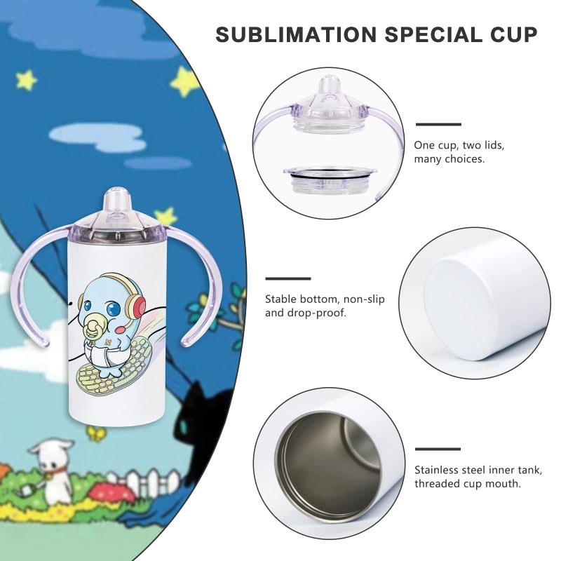 MAIKESUB 2 Pack Sublimation Blank Sippy Cup Tumblers with Handles Straight Stainless Steel Insulated Skinny Tumblers with Splash-proof Lid 12 oz Shatterproof Water Tumbler - Image 4