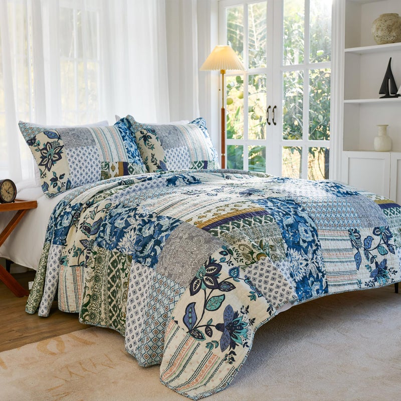 Secgo Queen Comforter Set for Bed - 100% Cotton Quilts Queen Size, Green, Sage Bedspreads (90 * 98 Inch) with 2 Pillow Shams, Patchwork Reversible Lightweight Bedding - Image 2