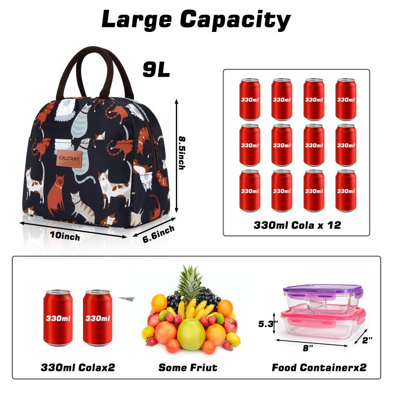 BALORAY Lunch Bag for Women Men Cute Reusable Insulated Lunch Box Large Capacity Lunch Tote Bag for Work, Picnic or Travel(Dark Blue With Cat) - Image 4