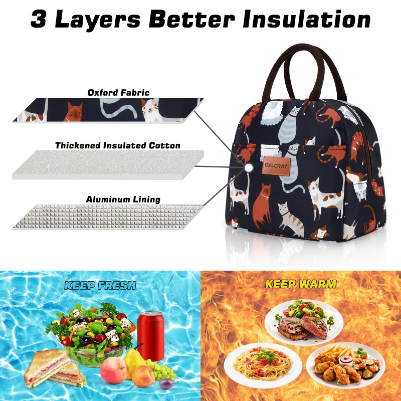 BALORAY Lunch Bag for Women Men Cute Reusable Insulated Lunch Box Large Capacity Lunch Tote Bag for Work, Picnic or Travel(Dark Blue With Cat) - Image 3