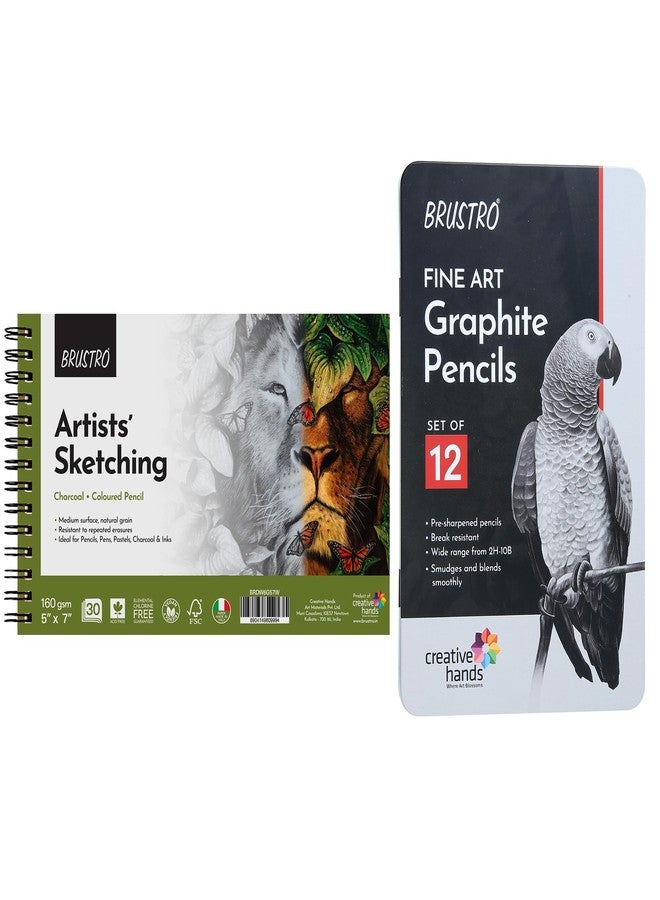 Brustro Drawing & Sketching Wiro Pad,5x7 inches,160 GSM,30 Sheets with Graphite Pencil Set of 12 (10B-2H) Tin Box. Sketch and Gift - Image 1