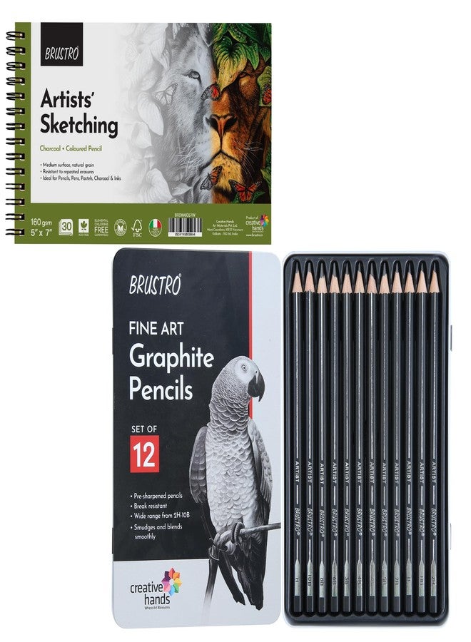Brustro Drawing & Sketching Wiro Pad,5x7 inches,160 GSM,30 Sheets with Graphite Pencil Set of 12 (10B-2H) Tin Box. Sketch and Gift - Image 2
