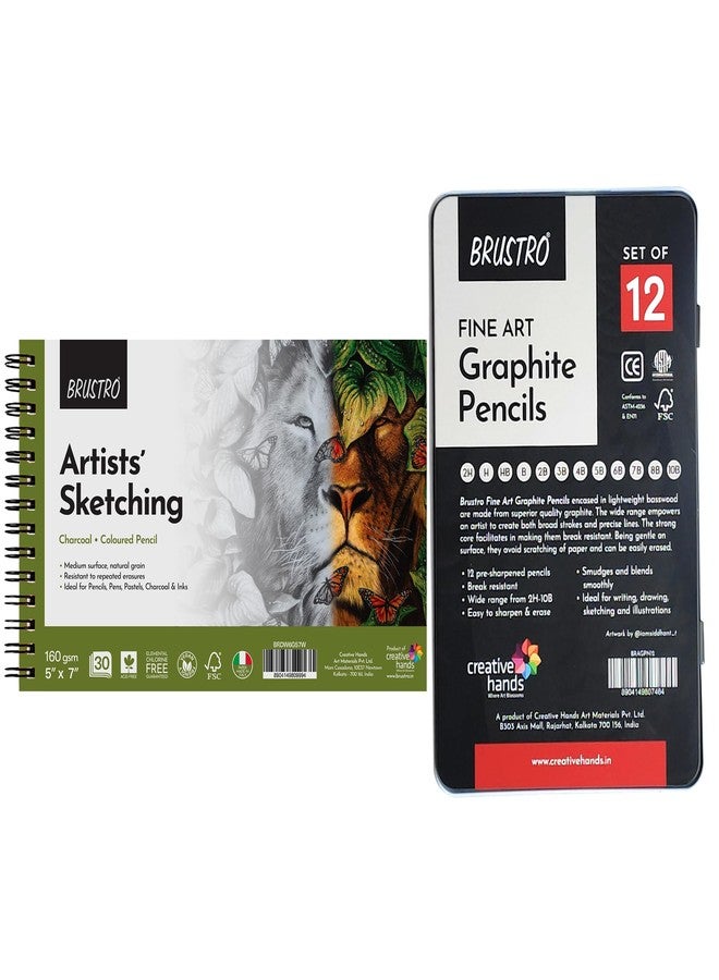Brustro Drawing & Sketching Wiro Pad,5x7 inches,160 GSM,30 Sheets with Graphite Pencil Set of 12 (10B-2H) Tin Box. Sketch and Gift - Image 3