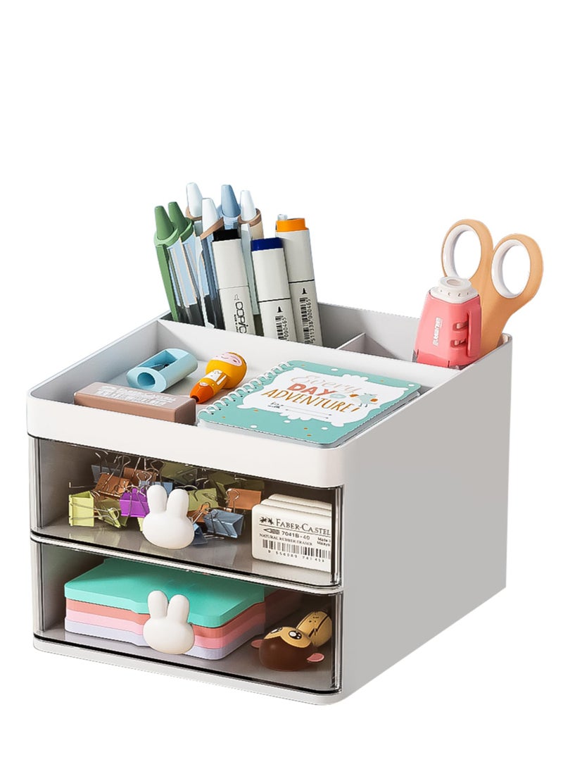 Desk Organizer Set - Premium Storage Solution for Office, Home, and School Supplies - Includes 3 Compartments, 2 Drawers, Pencil Holders, Sticky Note Tray, and Marker Organizer - White - Image 1