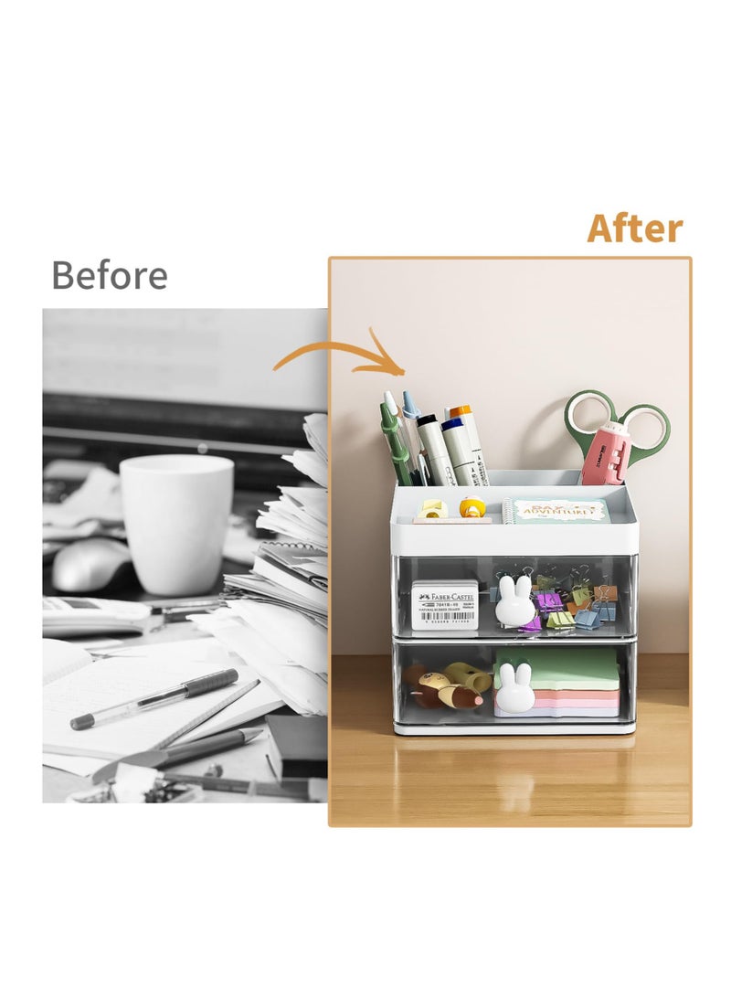 Desk Organizer Set - Premium Storage Solution for Office, Home, and School Supplies - Includes 3 Compartments, 2 Drawers, Pencil Holders, Sticky Note Tray, and Marker Organizer - White - Image 4