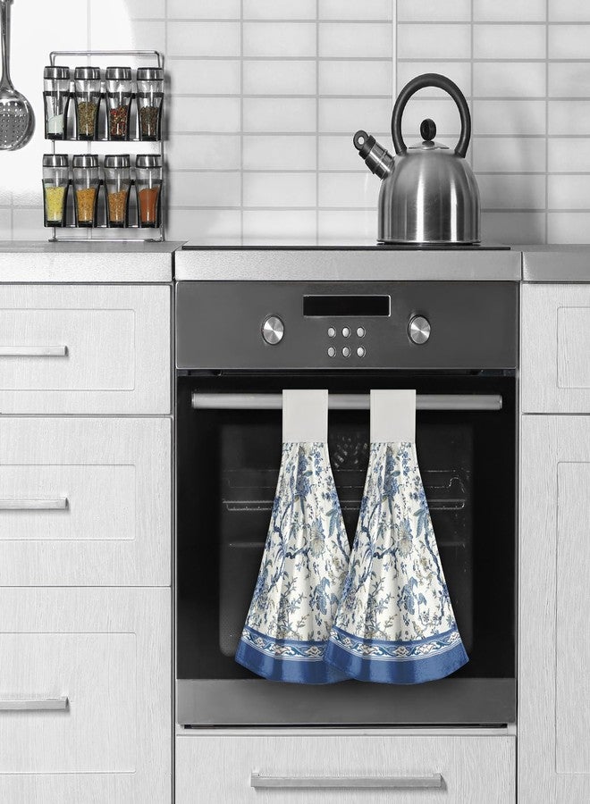 Giwawa Chinoiserie Flower Kitchen Hanging Towel Set of 2, Blue White Oriental Bird Floral Hand Tie Towel with Loop & Hook, Absorbent Soft Washcloth Dish Tea Bar Towel for Bathroom Gym Decor - Image 4