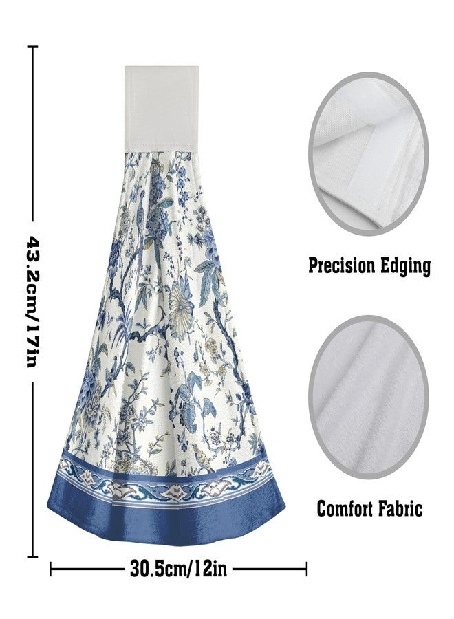 Giwawa Chinoiserie Flower Kitchen Hanging Towel Set of 2, Blue White Oriental Bird Floral Hand Tie Towel with Loop & Hook, Absorbent Soft Washcloth Dish Tea Bar Towel for Bathroom Gym Decor - Image 2