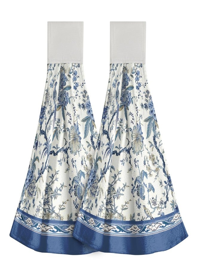 Giwawa Chinoiserie Flower Kitchen Hanging Towel Set of 2, Blue White Oriental Bird Floral Hand Tie Towel with Loop & Hook, Absorbent Soft Washcloth Dish Tea Bar Towel for Bathroom Gym Decor - Image 1
