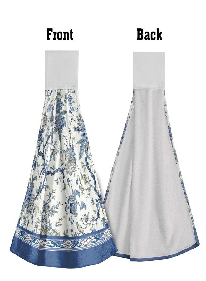 Giwawa Chinoiserie Flower Kitchen Hanging Towel Set of 2, Blue White Oriental Bird Floral Hand Tie Towel with Loop & Hook, Absorbent Soft Washcloth Dish Tea Bar Towel for Bathroom Gym Decor - Image 3