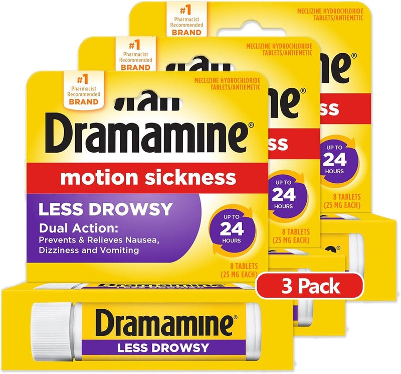 Dramamine أقل نعاس طوال اليوم، تخفيف دوار الحركة، 8 حبة، 3 عبوات - Image 1