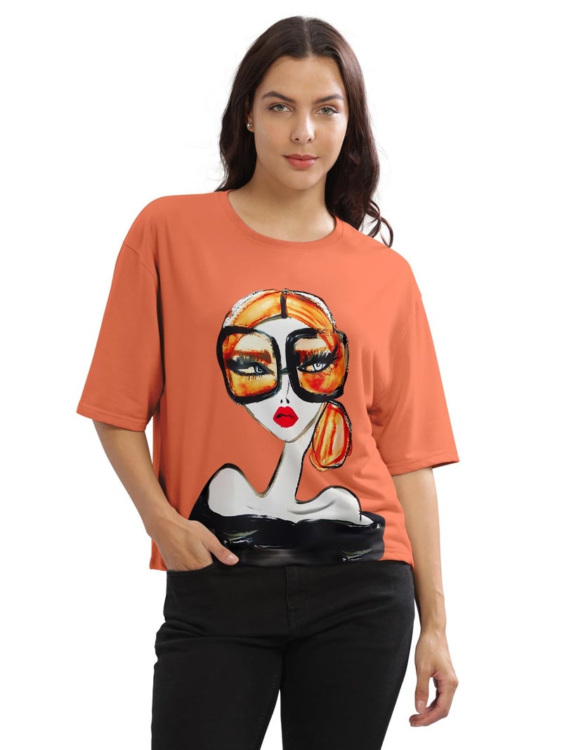 HELLCAT Cotton Blend Orange Printed Loose Fit Crew-Neck Crop T-Shirt for Women/Orange/XX-Large - Image 1
