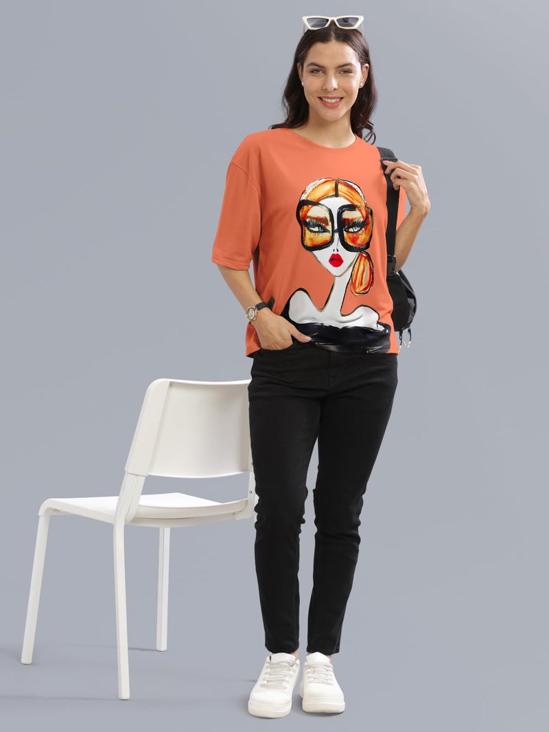 HELLCAT Cotton Blend Orange Printed Loose Fit Crew-Neck Crop T-Shirt for Women/Orange/XX-Large - Image 5