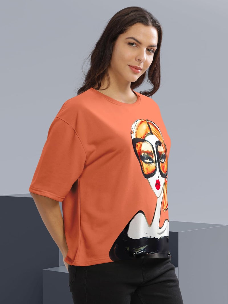 HELLCAT Cotton Blend Orange Printed Loose Fit Crew-Neck Crop T-Shirt for Women/Orange/XX-Large - Image 4