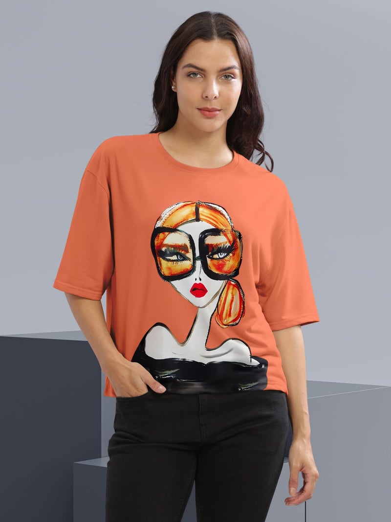 HELLCAT Cotton Blend Orange Printed Loose Fit Crew-Neck Crop T-Shirt for Women/Orange/XX-Large - Image 2